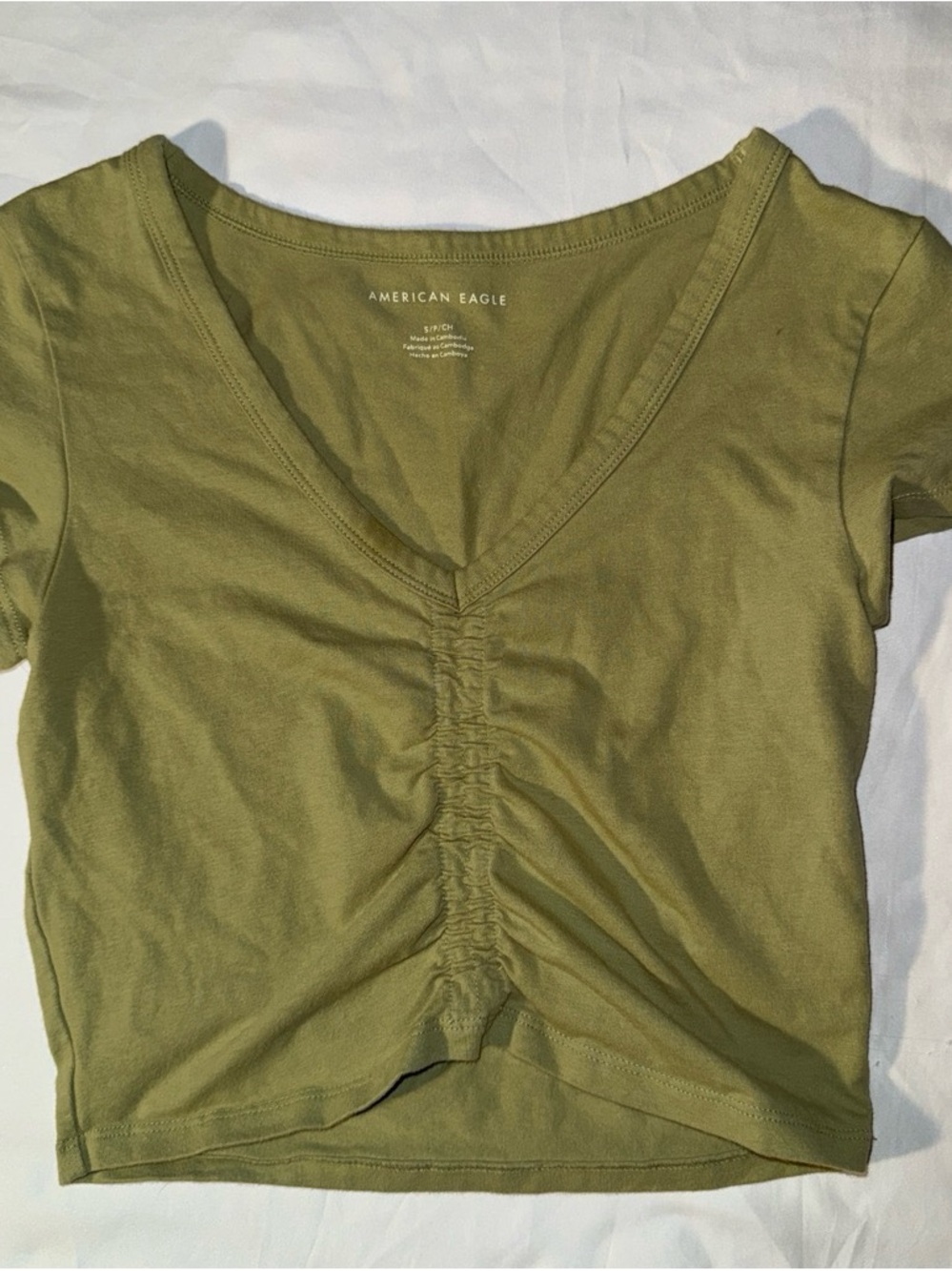 American Eagle Outfitters Olive Ruched V-Neck Crop Tee